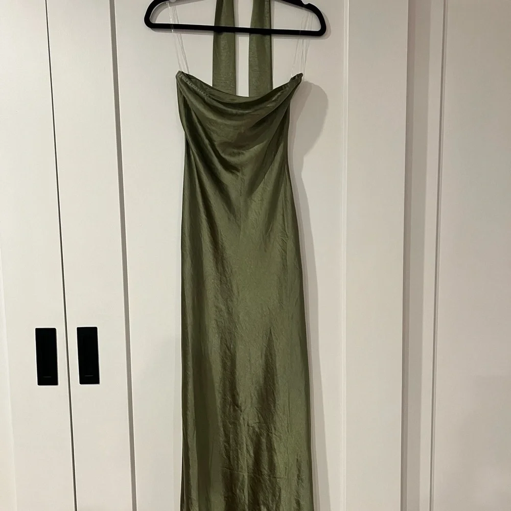 Angelina Neck Tie Olive Satin Maxi Dress - Picture 3 of 6